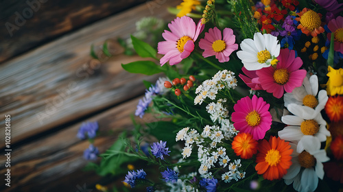 Close-up of a mixed bouquet of wildflowers, featuring delicate petals and leaves in a natural, unarranged display on a rustic wooden surface  photo