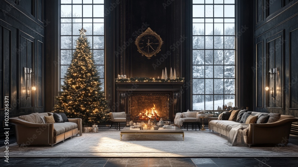 A festive setup with a Christmas tree near the fireplace, elegant sofas, and large windows overlooking a snowy landscape. A festive setup with a Christmas tree near the fireplace, elegant sofas, and large windows overlooking a snowy landscape.