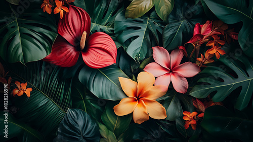 Wallpaper Mural Close-up of exotic tropical blooms with bold colors set against a soft-focus jungle foliage backdrop, capturing natural beauty and texture  Torontodigital.ca