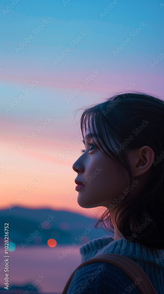 Serene Female Portrait at Sunset with Bokeh Lights and Pastel Sky Colors Illustration for Calm and Peaceful Mood Serene Female Portrait at Sunset with Bokeh Lights and Pastel Sky Colors Illustration for Calm and Peaceful Mood