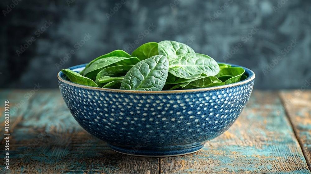 Obraz premium Baby spinach in a blue ceramic bowl on a wooden background : Generative AI