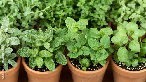 Close-up shot of aromatic herb plants like mint and parsley growing in small terracotta pots, showcasing their detailed leaf textures and natural freshness  photo