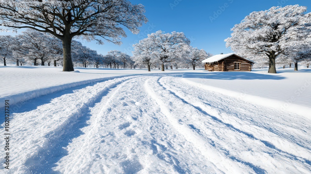 Snow Covered Forest Path Leading to Cozy Cabin in Winter Wonderland Snow Covered Forest Path Leading to Cozy Cabin in Winter Wonderland