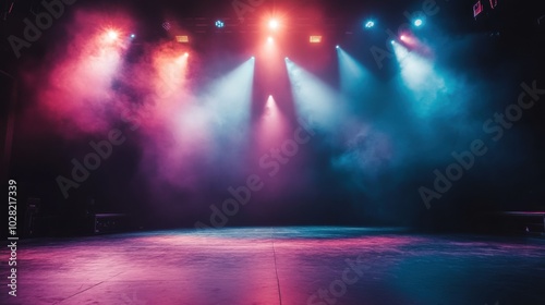 vibrant empty stage illuminated by colorful spotlights creates inviting atmosphere for performances. interplay of light and smoke adds dramatic touch, enhancing anticipation of show