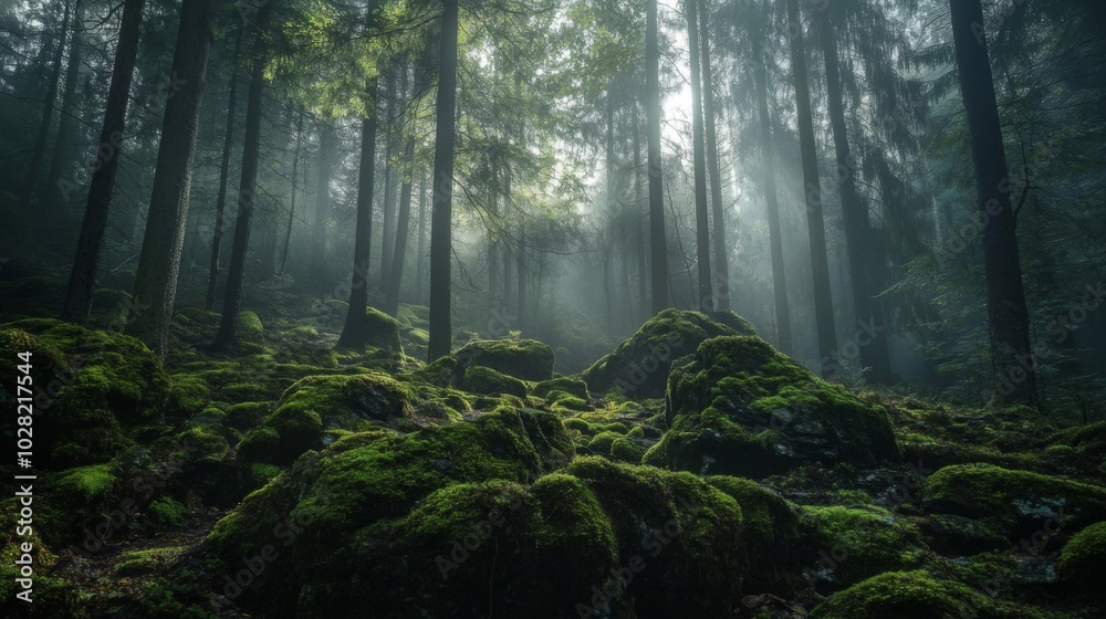 Fototapeta premium Sunbeams Illuminating a Foggy Moss-Covered Forest Floor