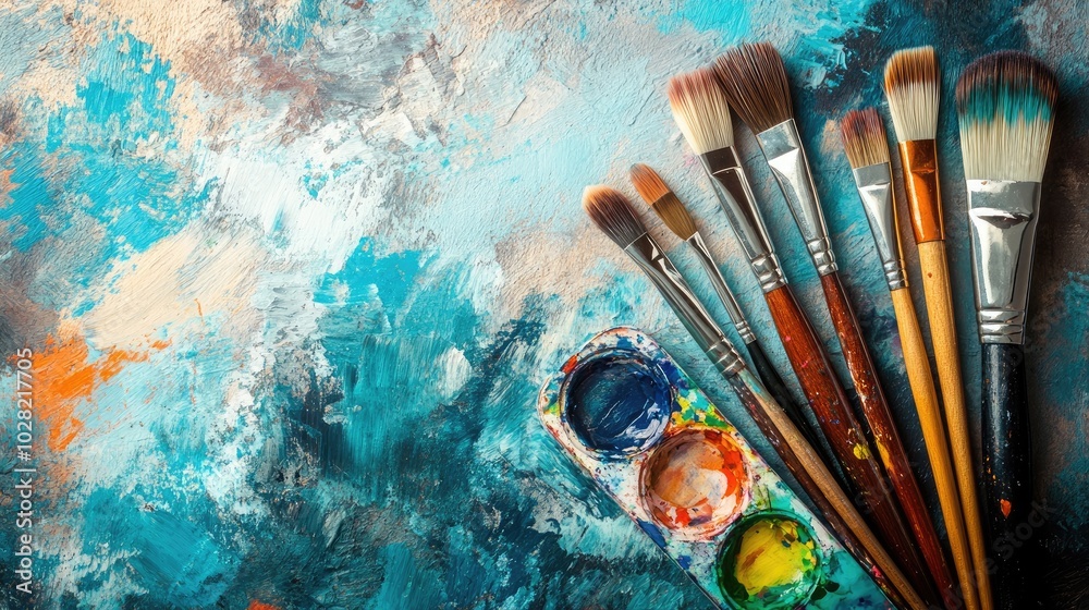 Fototapeta premium Artistic tools flat lay with paintbrushes, watercolor palettes, and a sketchbook, arranged on a textured background for creative projects