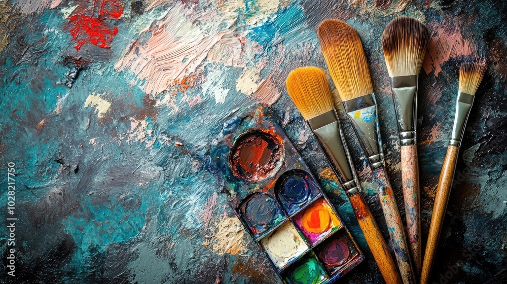 Fototapeta premium Artistic tools flat lay with paintbrushes, watercolor palettes, and a sketchbook, arranged on a textured background for creative projects