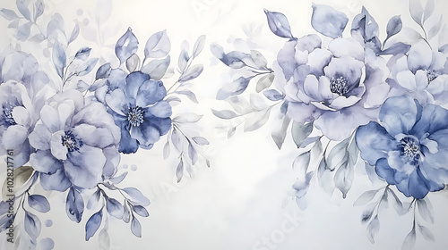 Hand-painted watercolor design of blooming flowers in soft blues and purples, accented with green leaves on a white canvas background 