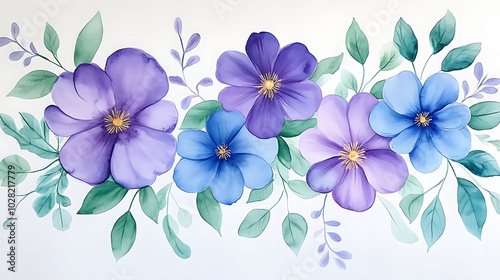 Fototapeta Naklejka Na Ścianę i Meble -  Hand-painted watercolor design of blooming flowers in soft blues and purples, accented with green leaves on a white canvas background 