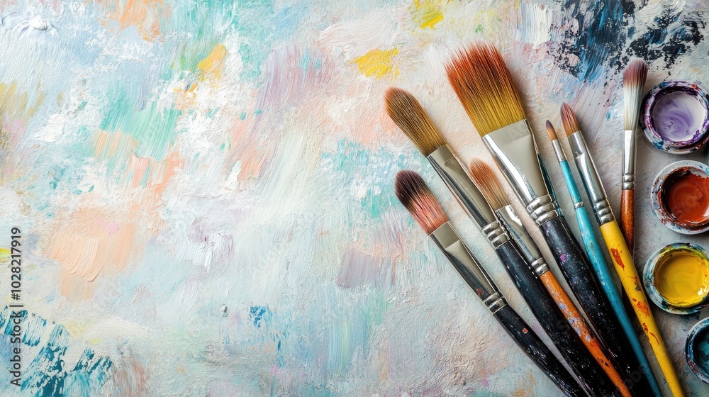 Fototapeta premium Creative flat lay of art tools including paintbrushes, watercolors, and a sketchbook, arranged on a textured background for creative visuals