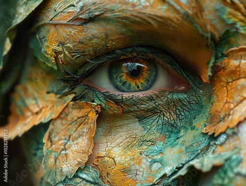 Close-up of a Green Eye Surrounded by Golden Leaves