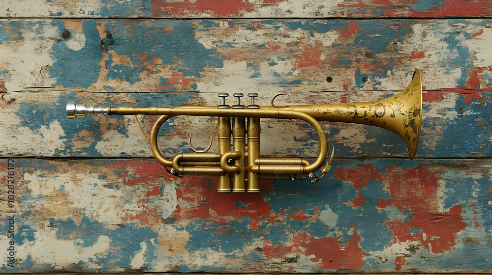 Fototapeta premium Vintage Trumpet on Weathered Wood.