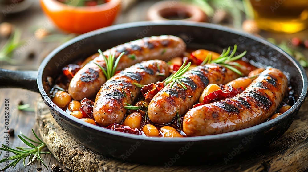 Grilled sausages with beans in tomato sauce in with rosemary and paprika in a vintage pan on a wooden background : Generative AI Grilled sausages with beans in tomato sauce in with rosemary and paprika in a vintage pan on a wooden background : Generative AI