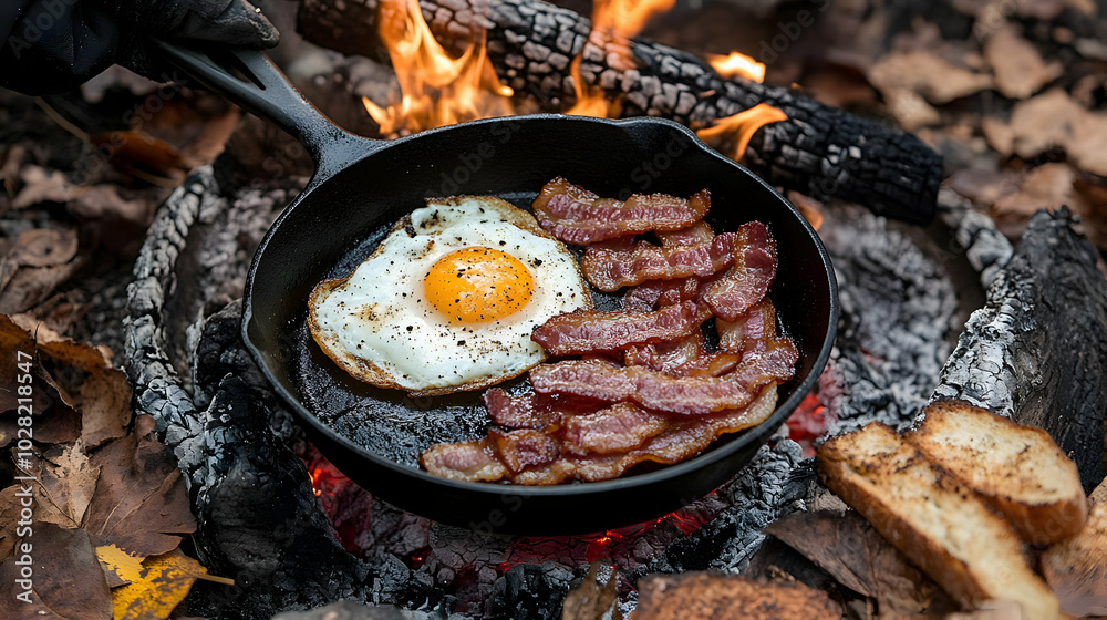 Camping Breakfast Fried Egg, Bacon, and Toast over a Fire.