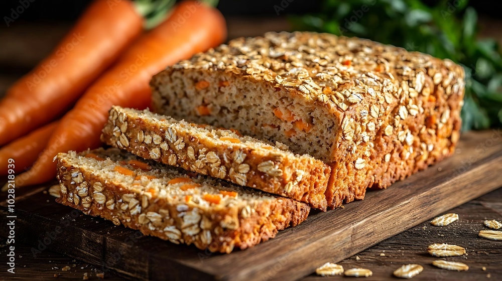 Fresh carrot and oat bread loaf on a wooden background : Generative AI Fresh carrot and oat bread loaf on a wooden background : Generative AI