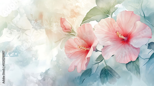 Soft watercolor painting of pastel-colored flowers and leaves, blending seamlessly with a light background for a delicate, airy feel  #1028218987