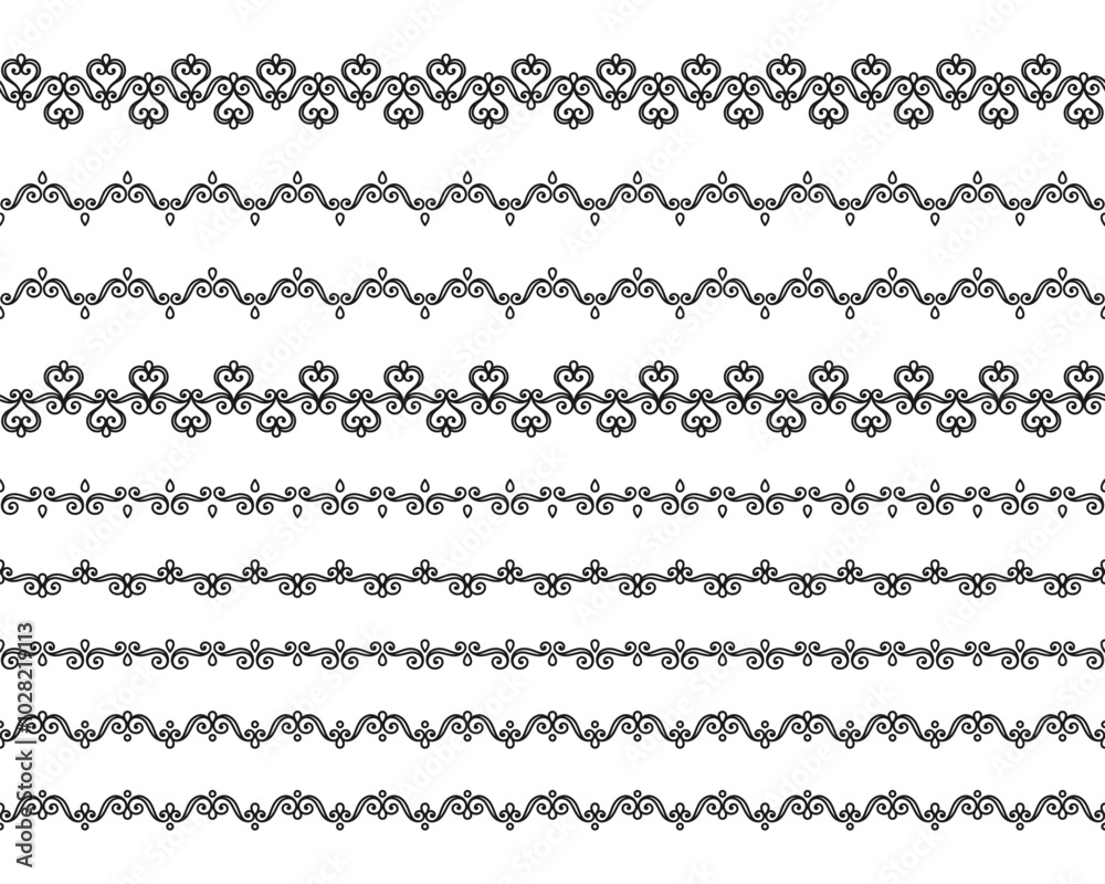 Black openwork ribbon silhouettes isolated on a white background. Seamless lace border, different horizontal edge ornaments. Vector set of stripe edging patterns for wedding invitation, greeting card