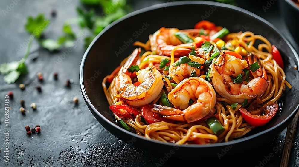 Stir fry noodles with vegetables and shrimps in black bowl Slate background Close up : Generative AI Stir fry noodles with vegetables and shrimps in black bowl Slate background Close up : Generative AI