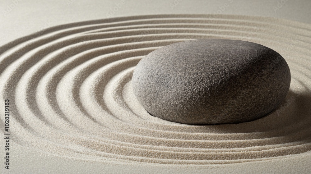 Naklejka premium A Single Stone Resting in a Circular Sand Pattern