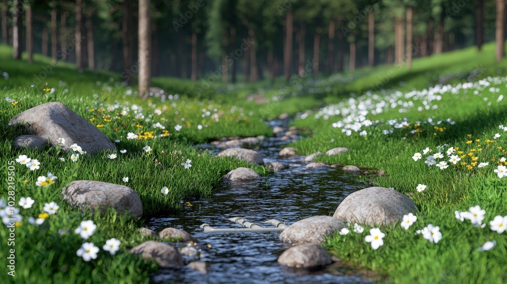 Tranquil Forest Stream with Rocks and Wildflowers Tranquil Forest Stream with Rocks and Wildflowers