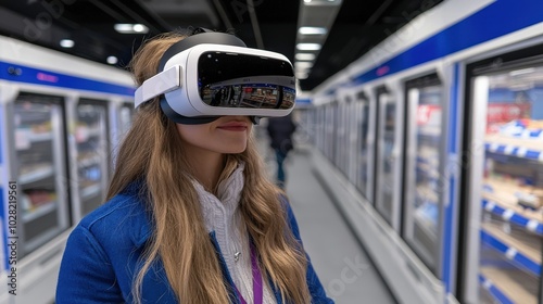 Woman Wearing VR Glasses Shopping in Supermarket   Virtual Reality  Future Shopping Experi photo