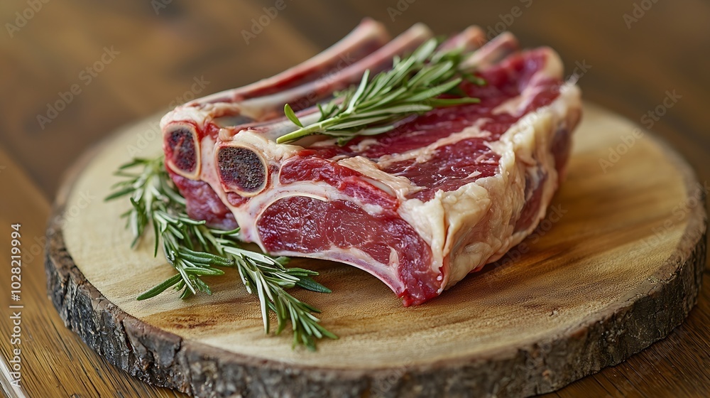 Raw meat mutton lamb rack with fresh herbs on a wooden background : Generative AI Raw meat mutton lamb rack with fresh herbs on a wooden background : Generative AI