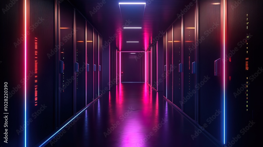 Neon Lit Server Room Corridor Neon Lit Server Room Corridor