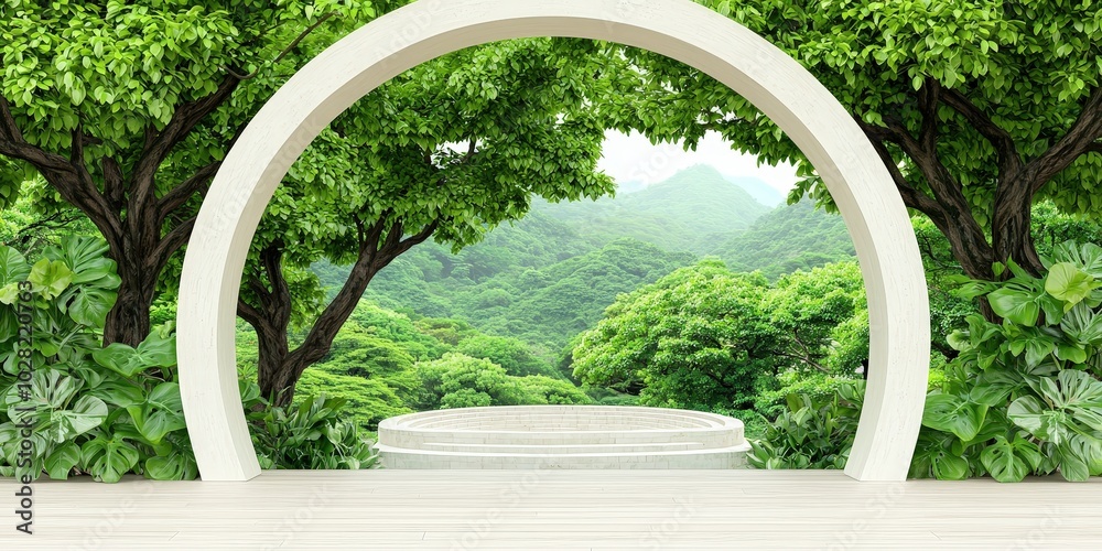 Fototapeta premium Scenic Mountain View Through Circular Archway with Green Foliage and Stone Platform