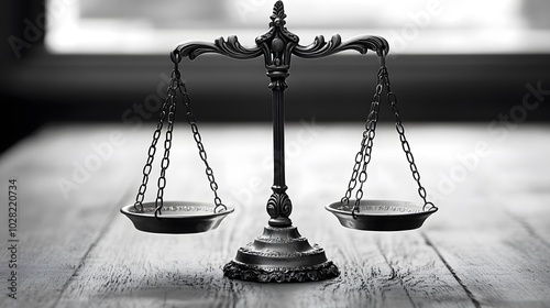 Ornate Silver Scales of Justice on Wooden Surface photo