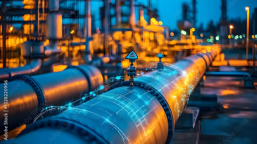 Industrial Pipeline with Digital Overlay at Night. Industrial Pipeline with Digital Overlay at Night.