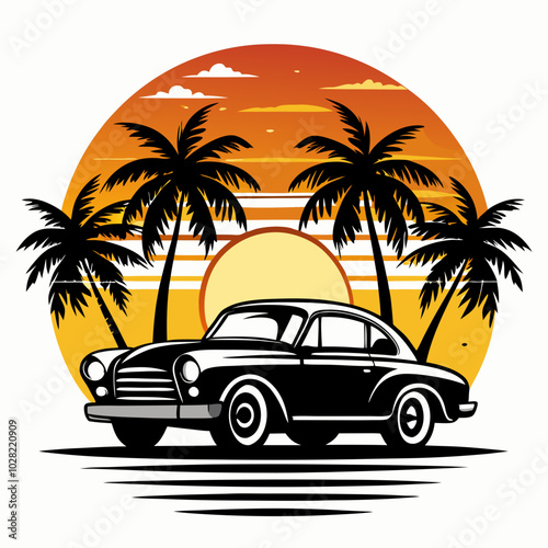 sunset Vibes t-shirt design, black silhouette illustration vintage retro  retro car with palm trees and no people on a white background