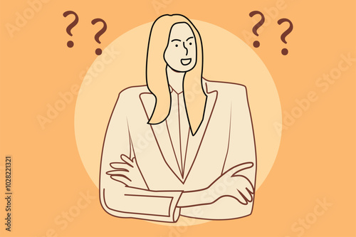 woman business questions, Problem solving concept, Woman thinking, Question mark and light bulb icon, woman questions, Young girl in casual clothes surrounded by a question mark.