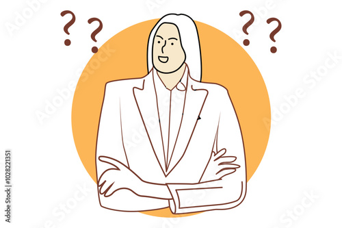 woman business questions, Problem solving concept, Woman thinking, Question mark and light bulb icon, woman questions, Young girl in casual clothes surrounded by a question mark.