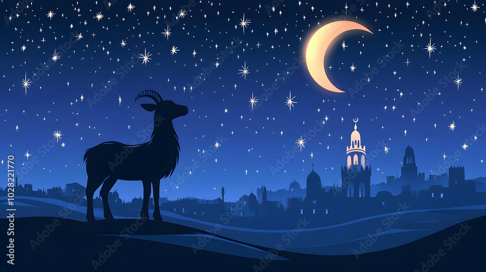 Silhouette of a Goat under the Night Sky with a Crescent Moon and a City in the Background. Silhouette of a Goat under the Night Sky with a Crescent Moon and a City in the Background.