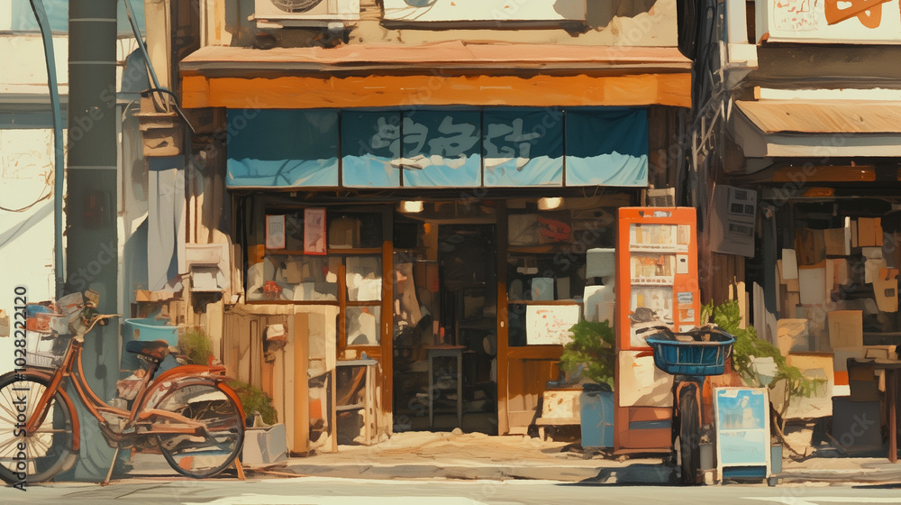 昭和レトロな街角と自転車、懐かしい商店の夏風景 Stock Illustration | Adobe Stock