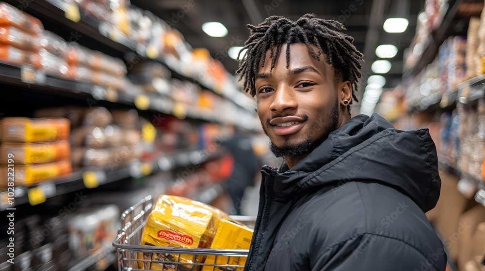 A playful scene of a man adding items to his shopping cart with a smile on his face A playful scene of a man adding items to his shopping cart with a smile on his face