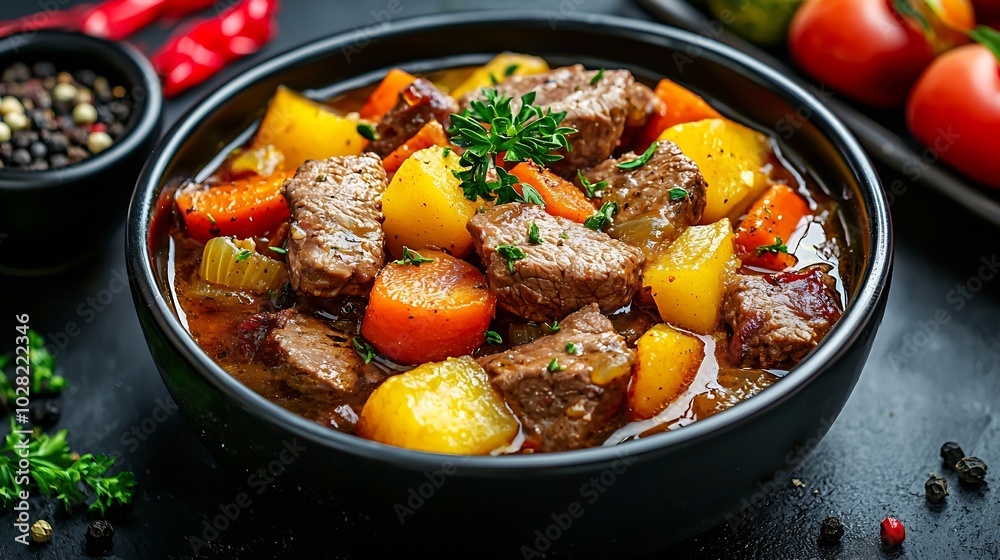 Beef meat and vegetables stew in black bowl Dark background Close up : Generative AI