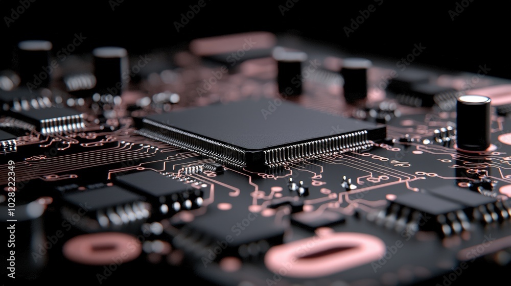 Close Up of Circuit Board with Copper Traces and Microchip Close Up of Circuit Board with Copper Traces and Microchip
