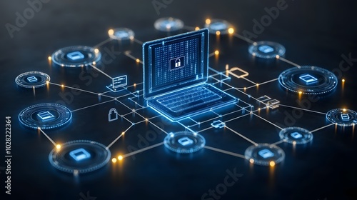 A data protection concept showcasing a computer surrounded by digital locks and encryption keys