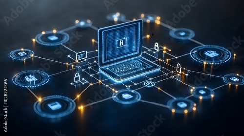 A data protection concept showcasing a computer surrounded by digital locks and encryption keys