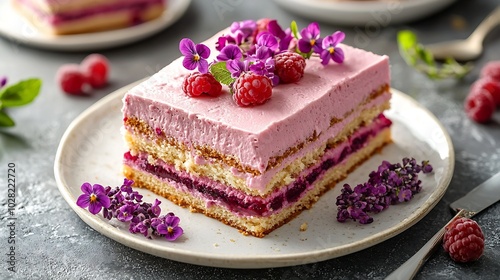 Raspberry layerd cake decorated with violet flowers on white plate Grey stone background : Generative AI photo