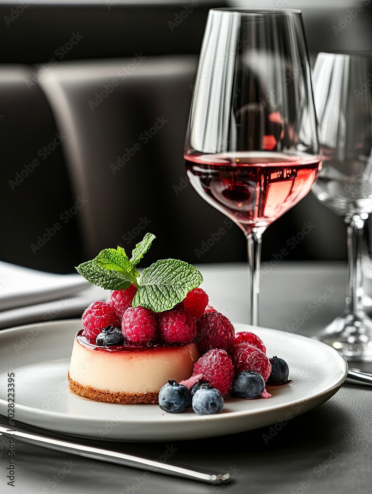 Elegant dessert with berries and wine in a fine dining setting