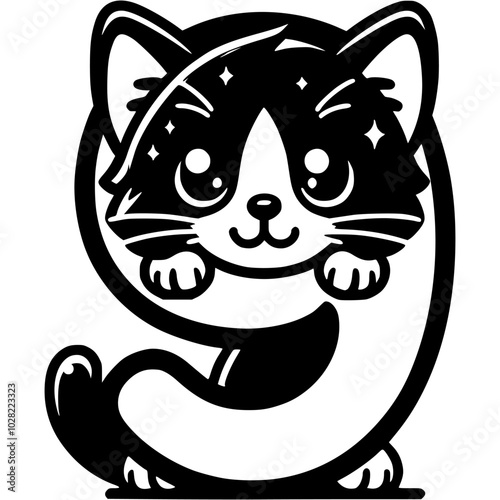 Little kitten hid behind the number nine digit in kitty style in monochrome. Simple minimalistic vector in black ink drawing on transparent background