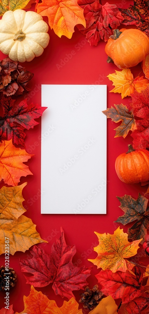 Autumn leaves and pumpkins frame a blank vertical card. Autumn leaves and pumpkins frame a blank vertical card.