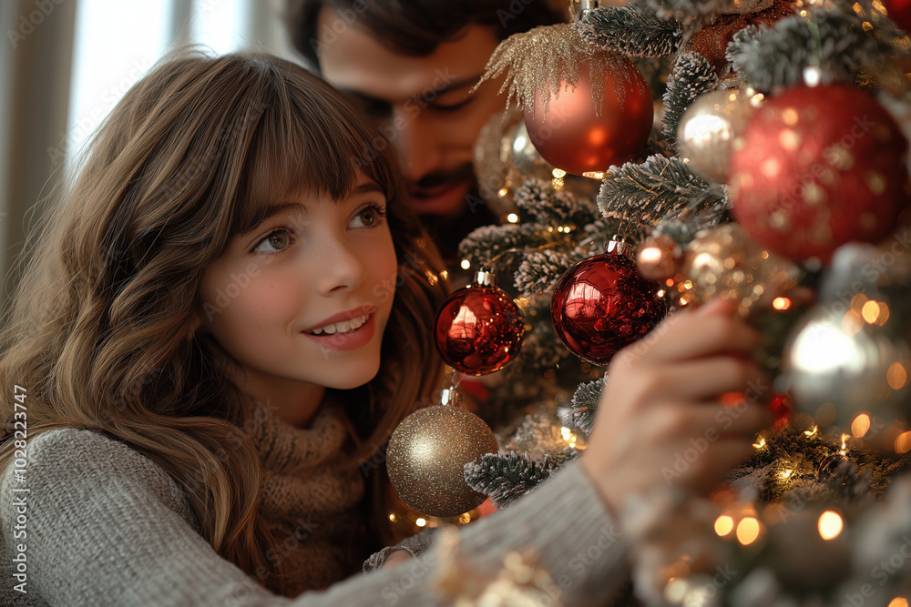 Child's Joyful Celebration of Christmas with Festive Decorations and Ornaments on the Family Tree Child's Joyful Celebration of Christmas with Festive Decorations and Ornaments on the Family Tree