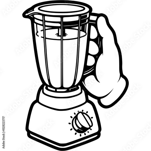 Chef hand holds blender filled with smoothie in monochrome. Simple minimalistic vector in black ink drawing on transparent background