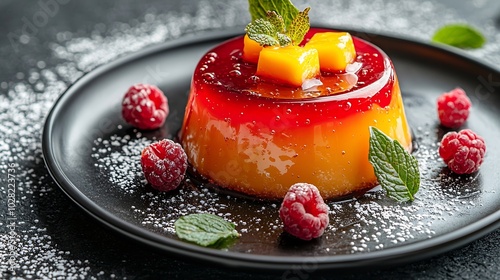 Mango pudding jelly dessert on black plate Grey stone background Copy space : Generative AI photo