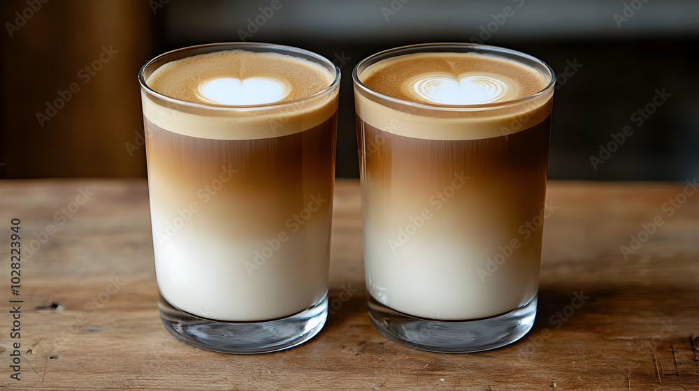 Two Glasses of Latte Art Coffee.