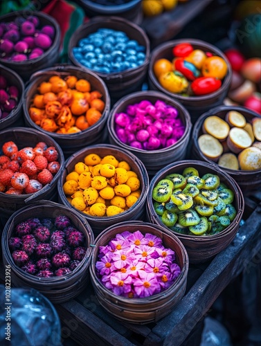 Vibrant assortment of exotic fruits in market baskets photo