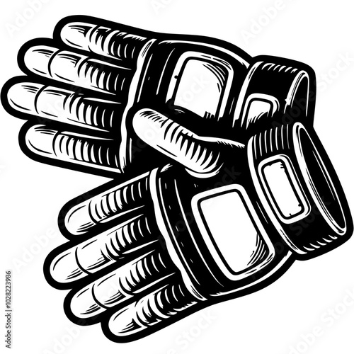 Thick protective construction gloves in monochrome. Worker clothing to protect hands. Simple minimalistic vector in black ink drawing on transparent background